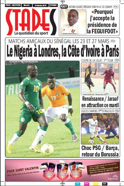 Matchs amicaux du Sénégal 23 et 27 mars 2017 MARS : Nigeria à Londres, Côte d’ivoire à Paris(Stades)