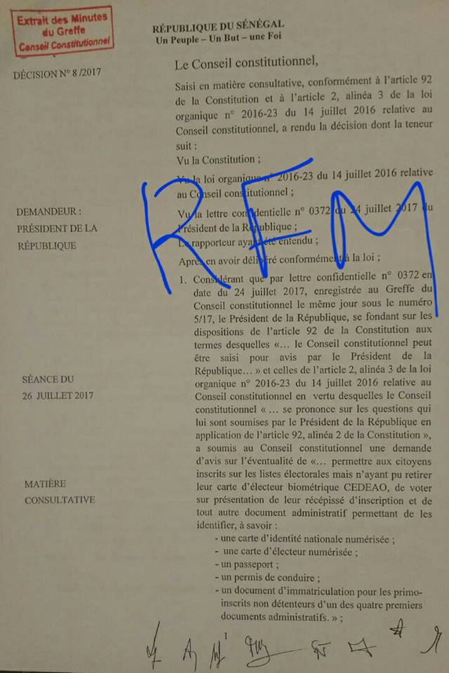 Avis du Conseil constitutionnel...sur requête Macky Sall...sur vote avec anciennes cartes: Voici le document (RFM)