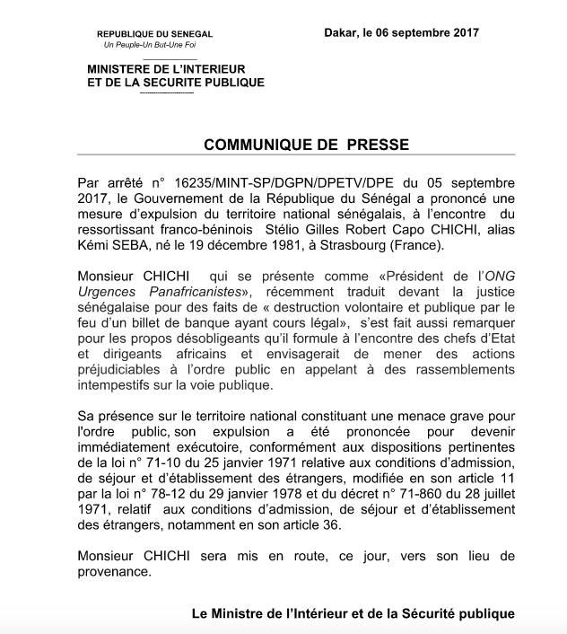 Expulsion de Kémi Séba: Le communiqué du ministère de l'Intérieur