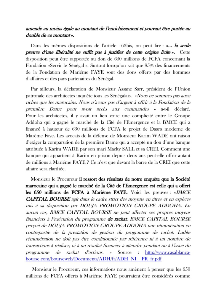 Enrichissement illicite : Voici la plainte que l'Association des Jeunes Marabouts Citoyens va déposer ce lundi à 9 heures à la CREI contre Marième FAYE (DOCUMENT)