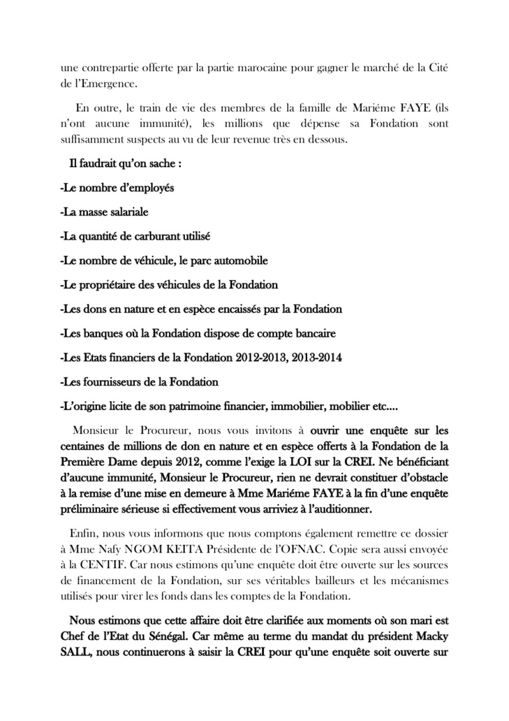 Enrichissement illicite : Voici la plainte que l'Association des Jeunes Marabouts Citoyens va déposer ce lundi à 9 heures à la CREI contre Marième FAYE (DOCUMENT)