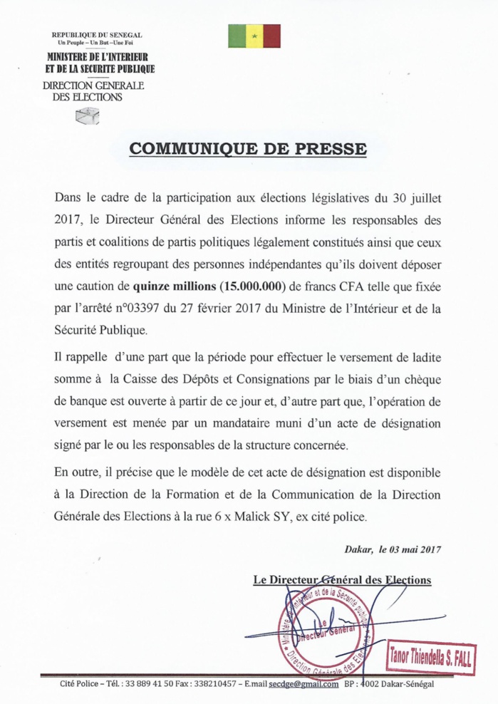 Législatives 2017: Le dépôt de la caution de 15.000.000 F CFA ouvert ce jour. (DOCUMENT)