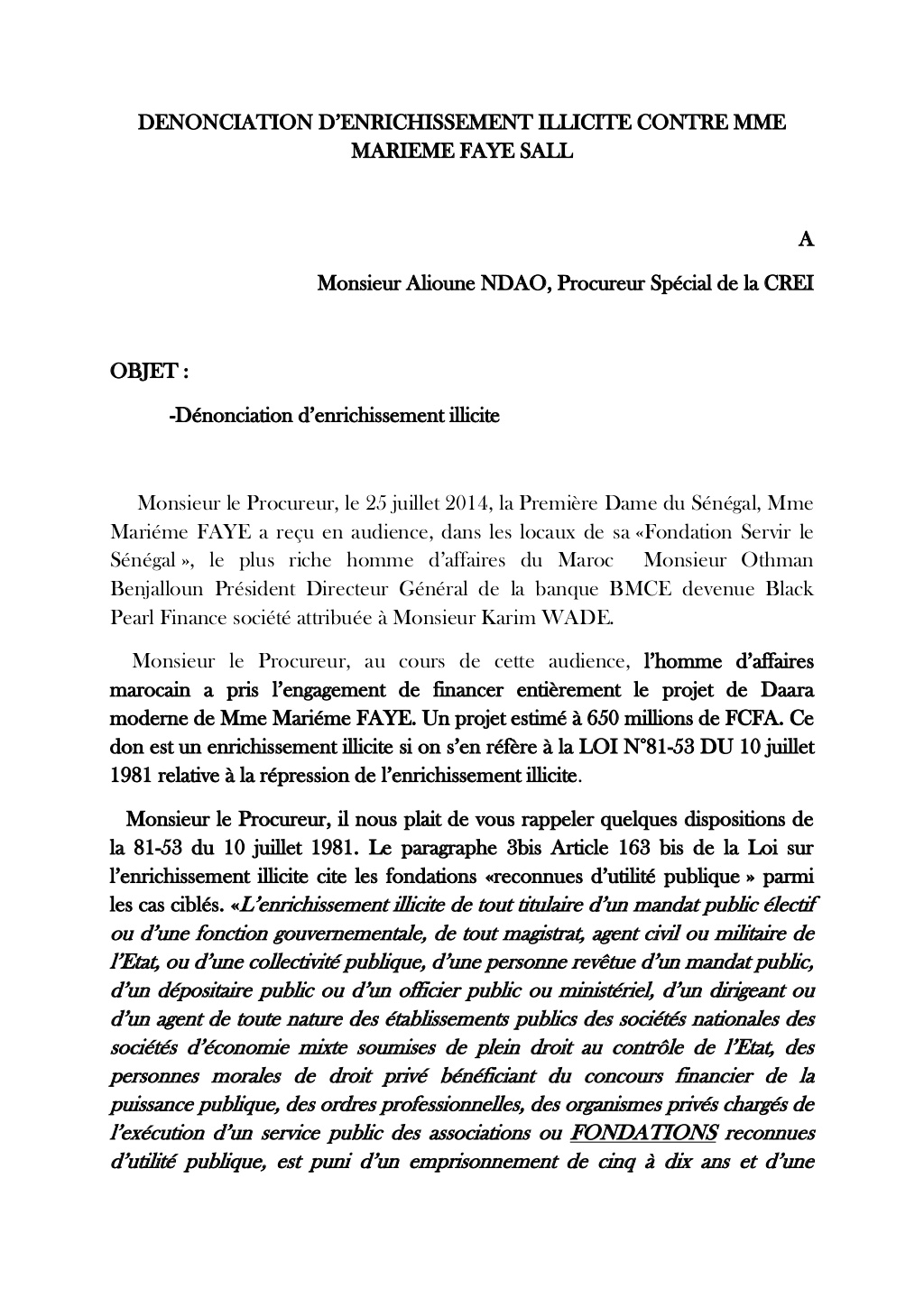 Enrichissement illicite : Voici la plainte que l'Association des Jeunes Marabouts Citoyens va déposer ce lundi à 9 heures à la CREI contre Marième FAYE (DOCUMENT)