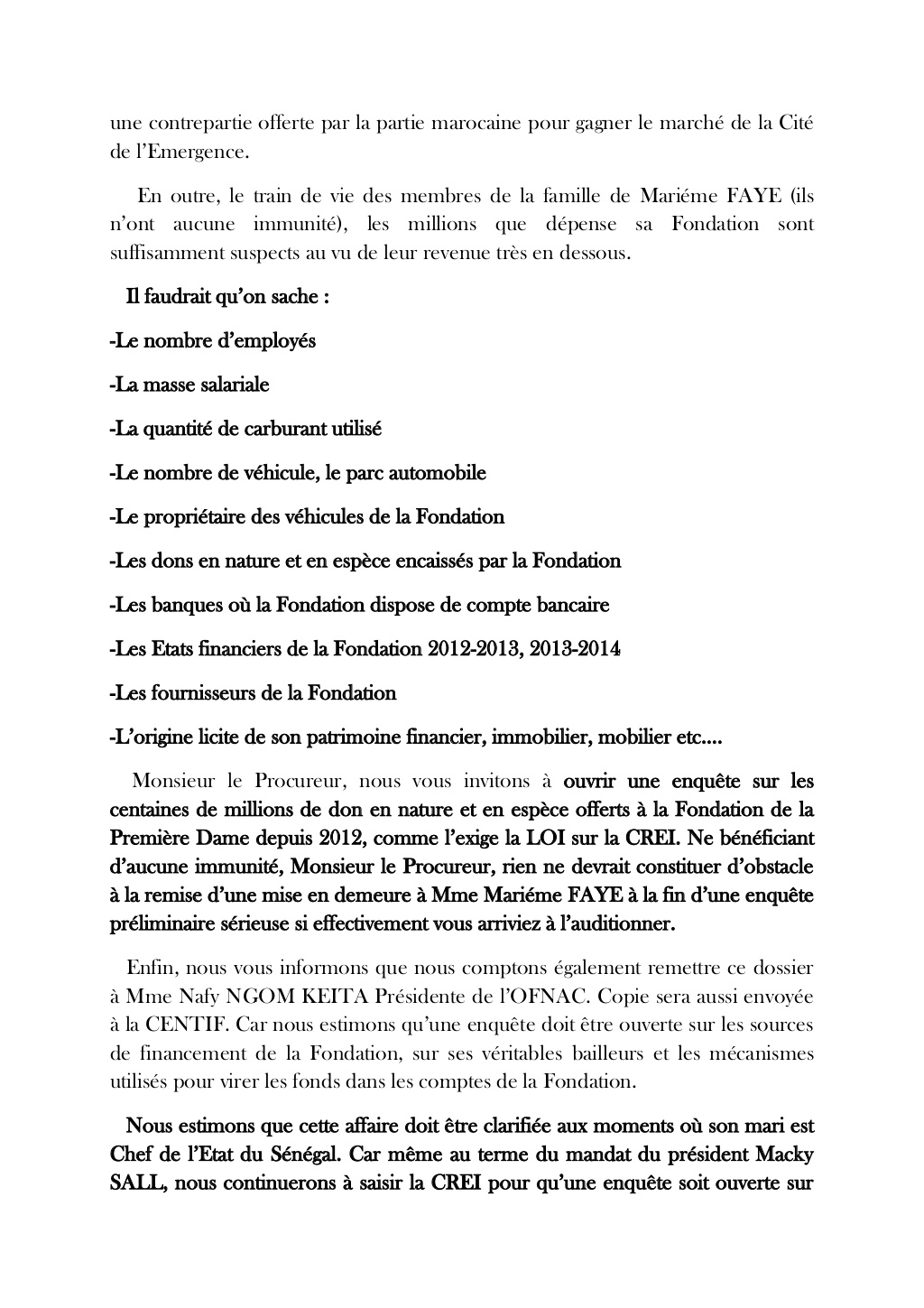 Enrichissement illicite : Voici la plainte que l'Association des Jeunes Marabouts Citoyens va déposer ce lundi à 9 heures à la CREI contre Marième FAYE (DOCUMENT)