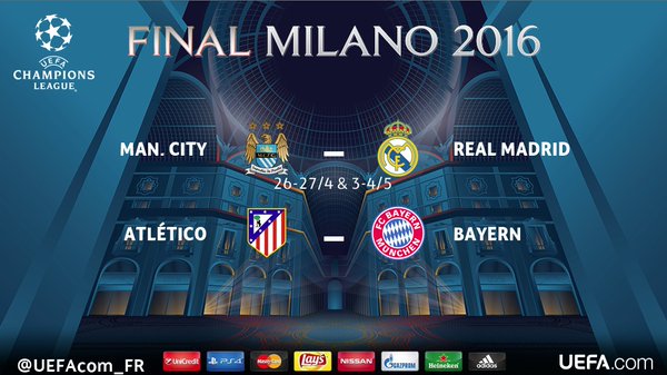 Voici le tirage au sort des demi-finales de la Ligue des Champions: Manchester City-Real Madrid/ Atlético Madrid-Bayern Munich